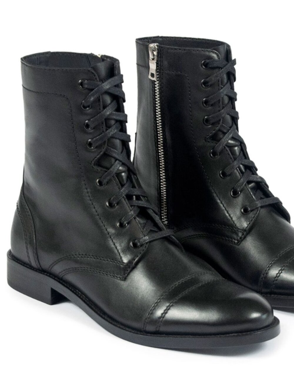 Black Leather Combat Boots w/ silver zipper, From Straight To Hell - W7